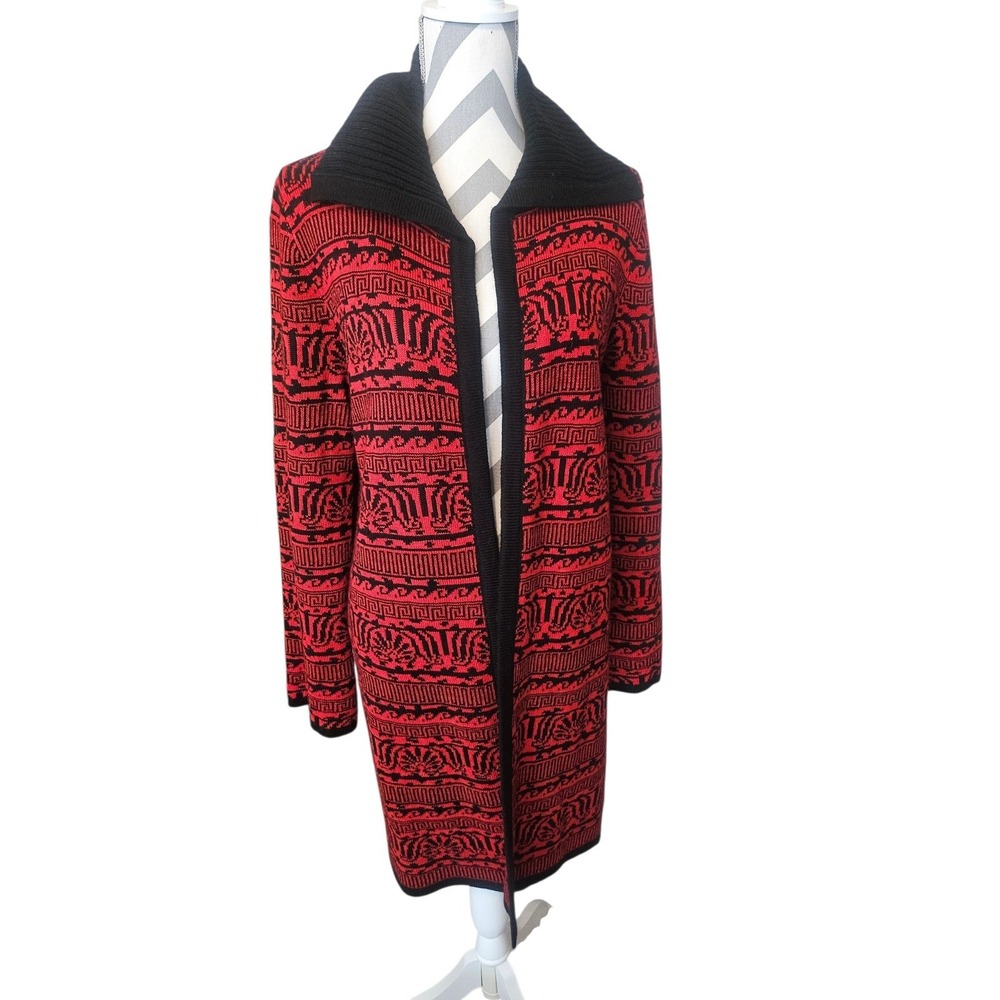 Cable & Gauge Red Black Greek Key Intarsia Knit Longline Cardigan Duster Medium